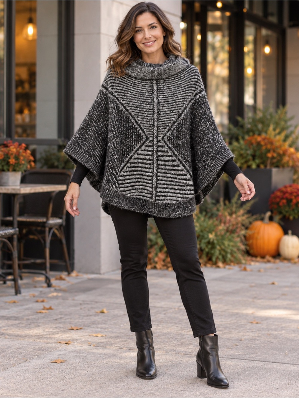 DKNYC Black Gray Marled Cowl Neck Cape Poncho Sweater M/L